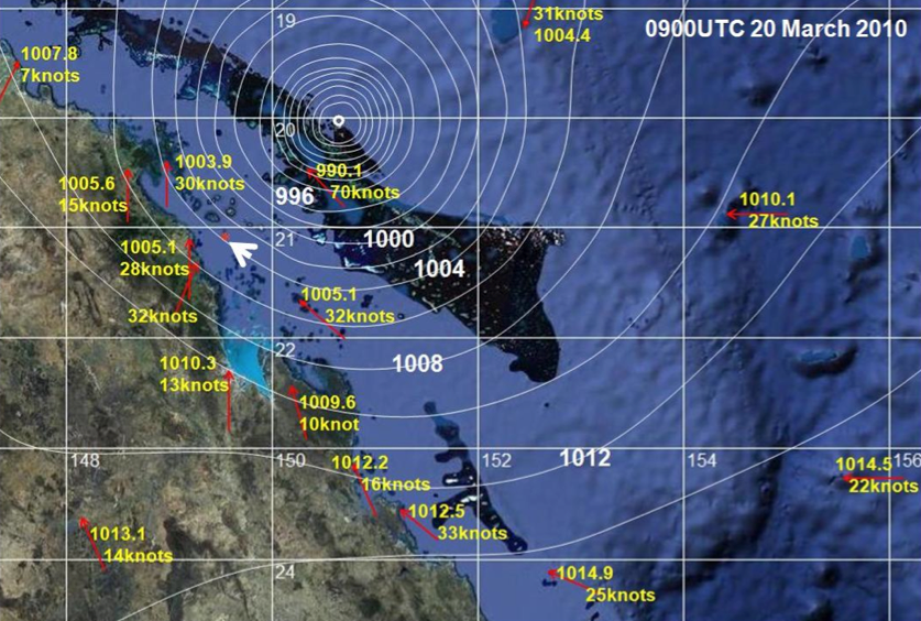 Cyclone Ului mean sea level pressure and wind map 7pm 20 March 2010